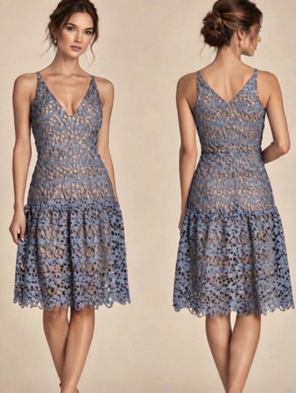 Dress The Population Blue Lace Overlay Midi Dress Sz M